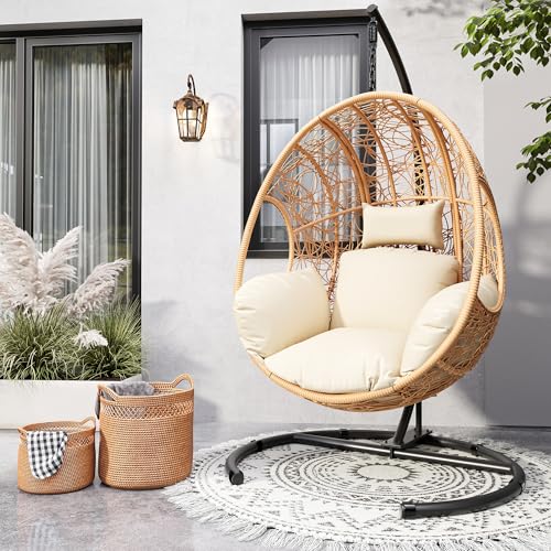Oversized Hanging Egg Chair Outdoor Indoor, Wicker Swing Egg Chair with Stand 400lbs Capacity for Bedroom, Patio, Garden and Balcony (Beige-nest