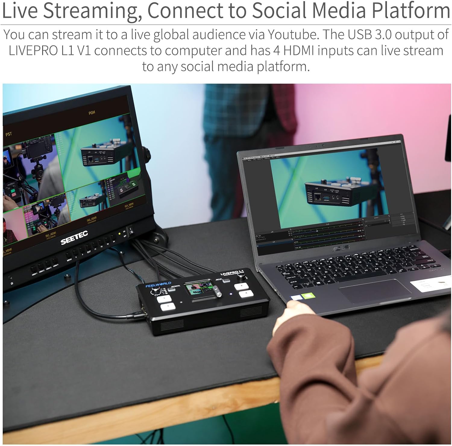 FEELWORLD LIVEPRO L1 V1 Multi Camera Video Mixer Switcher 2 Inch LCD Display 4 x HDMI Inputs USB 3.0 Output Format Real Time Production Live