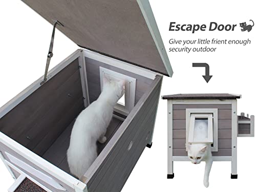 Rockever Outdoor Cat House, Large Outdoor Houses for Feral Cats Wooden Outside Cat Shelter Weatherproof with Escape Door
