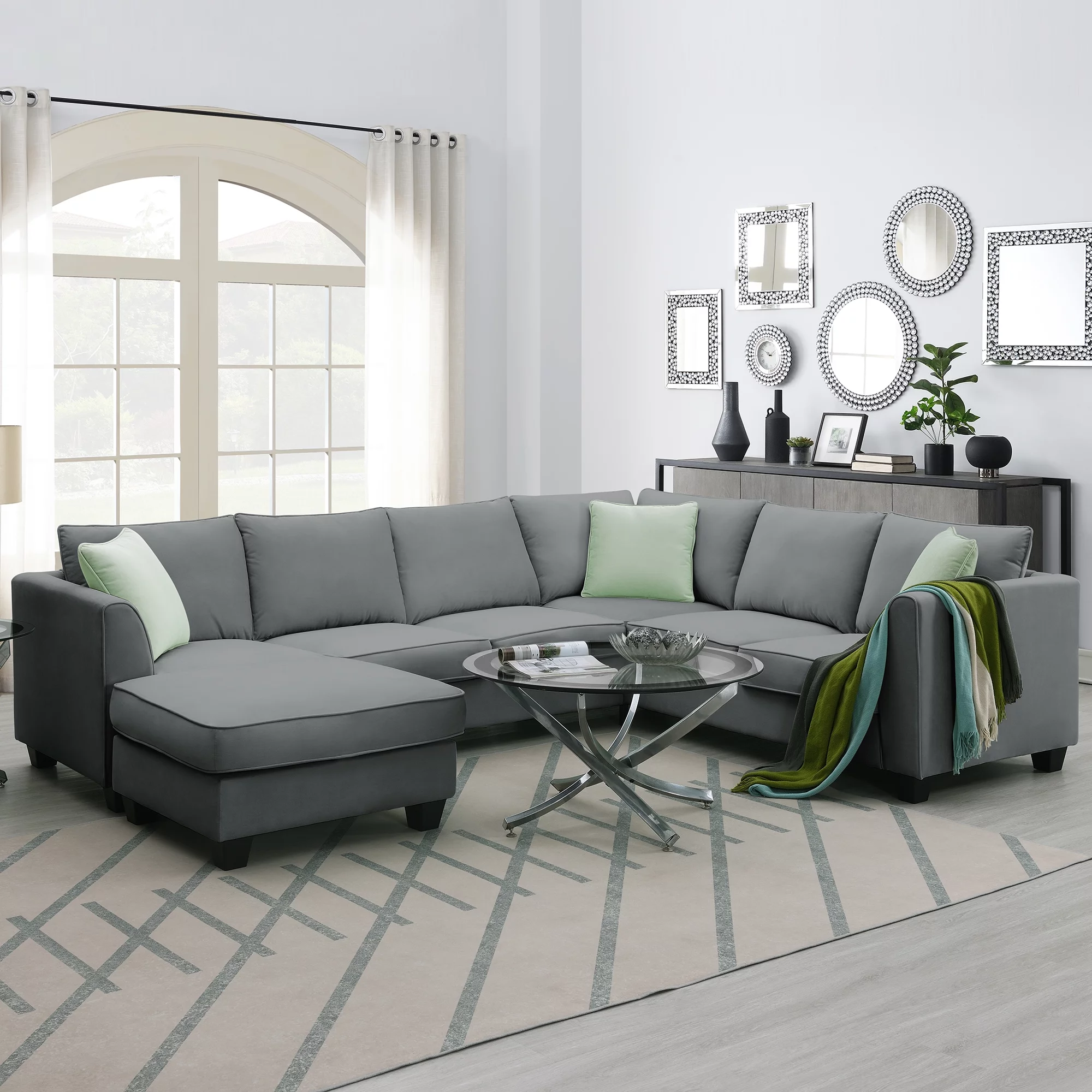 7 Seats Modular Sectional Sofa with Ottoman, L Shape Fabric Sofa Corner Couch Set Living Room Couches Sets with 3 Pillows, Gray, 112" x 87"