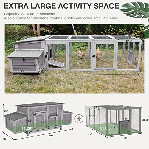 Large Chicken Coop for 6 Chicken Outdoor Chicken House with Run, Two Large Nesting Box, Leakproof Pull-on Tray and UV-Resistant Roof Panel