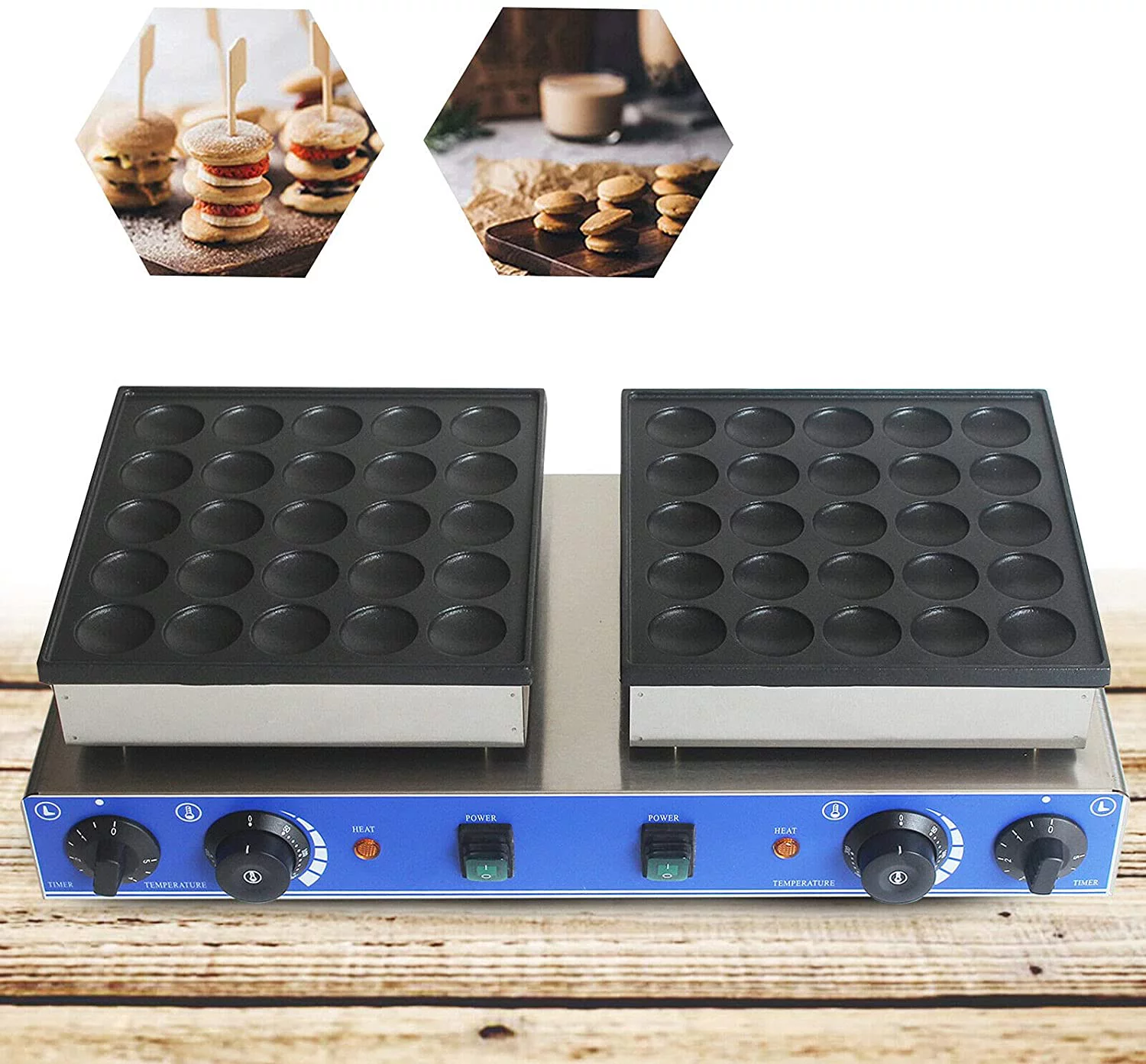 ANQIDI 1600W 25 + 25 Pcs Mini Stainless Steel Waffle Maker Electric Nonstick 1.7" Round Dutch Pancakes Making Machine