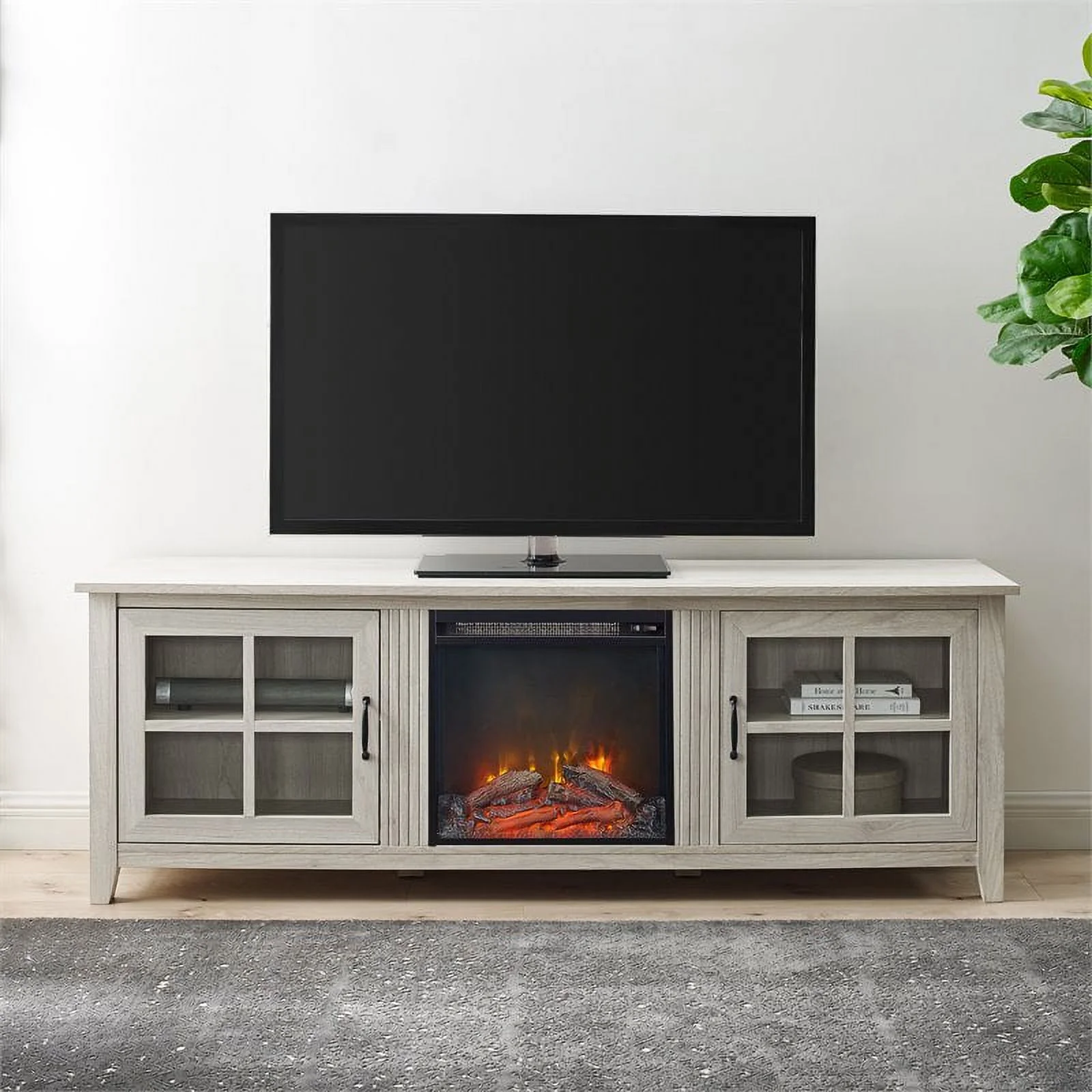 70" Glass Door TV Console with 18" Electric Fireplace Unit in Birch