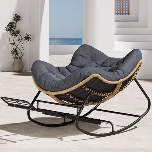 SWITTE Outdoor Rocking Chair, Oversized Patio Papasan Rocker, Comfy Wicker Reading Lounge, Indoor Egg Chair for Bedroom, Living Room, Porch, Garden