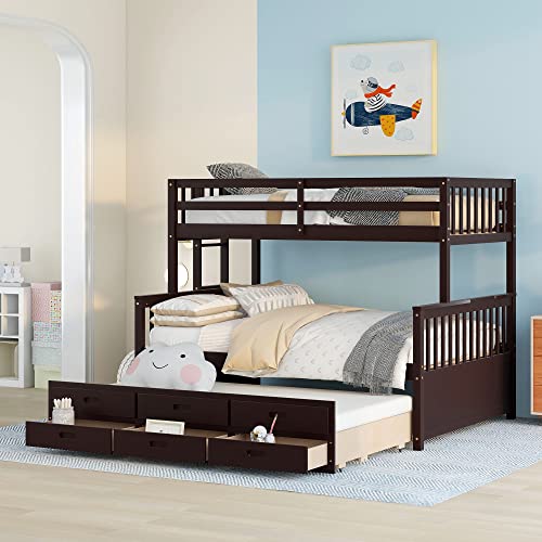 Harper & Bright Designs Twin Over Twin Bunk Bed with Storage Drawers, Solid Wood Bunk Bed Frame with Trundle, for Kids, Teens, Adults (Espresso)