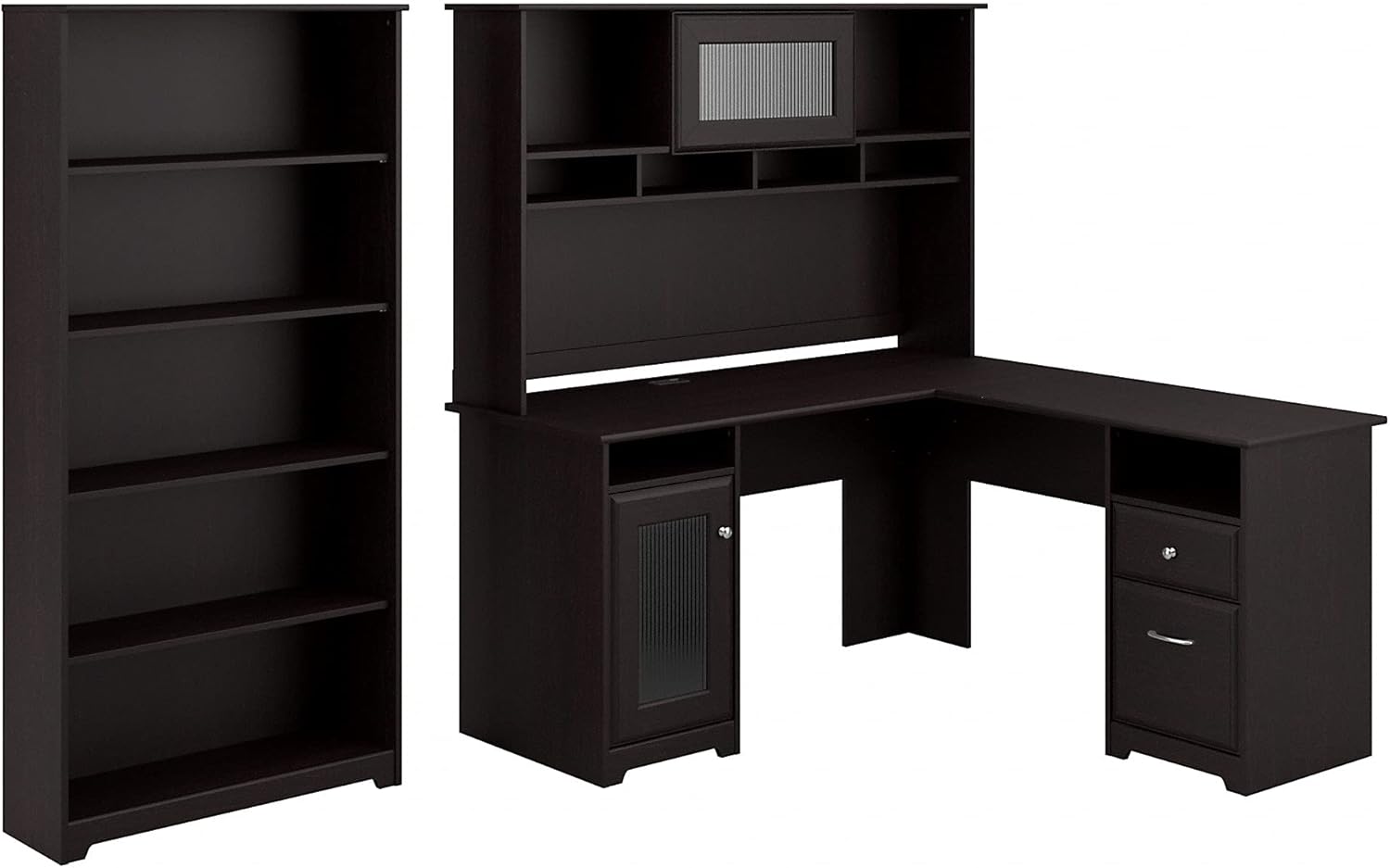 Bush Furniture Cabot L Shaped Desk with Hutch and 5 Shelf Bookcase