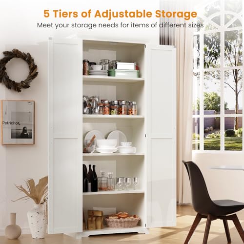72" Tall Farmhouse Kitchen Pantry Cabinet, Large Storage Cabinet with 6 Adjustable Shelves, 4 Barn Doors & Drawer for Bathroom, Dining Room, Brown