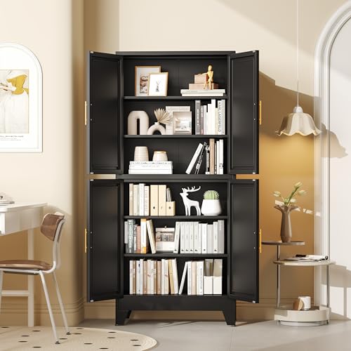 75.2" Tall Metal Pantry Cabinet, Storage Cabinets with 4 Door and 4 Adjustable Shelves, Black Kitchen Pantry Storage Cabinet