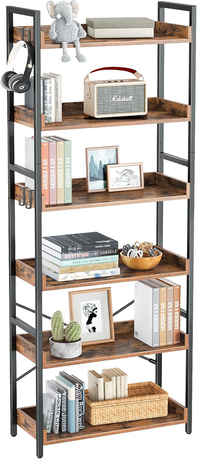 Rolanstar 5 Tier Bookshelf, Industrial Wood Bookcase with 4 Hooks, Vintage Storage Rack with Open Shelves