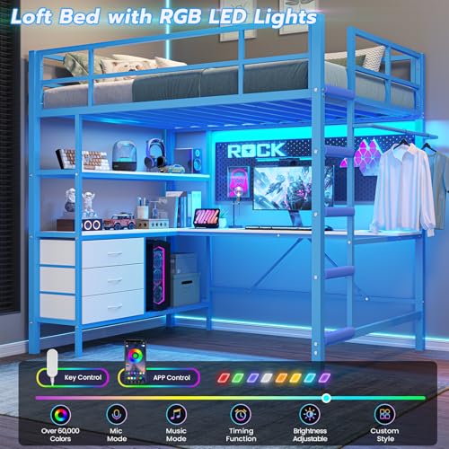 DICTAC Loft Bed Full Size with L-Shaped Desk and Charging Station Full Metal Bed Frame with LED Lights,Open Shelves and 3 Fabric Storage Drawers