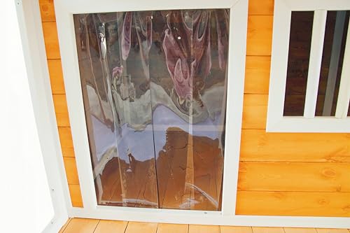 Indoor-Outdoor Wooden Dog House, Porch, Asphalt Roof, Plastic Door Curtain, Ventilation Windows, Brown, Weatherproof, Small to Medium Dog