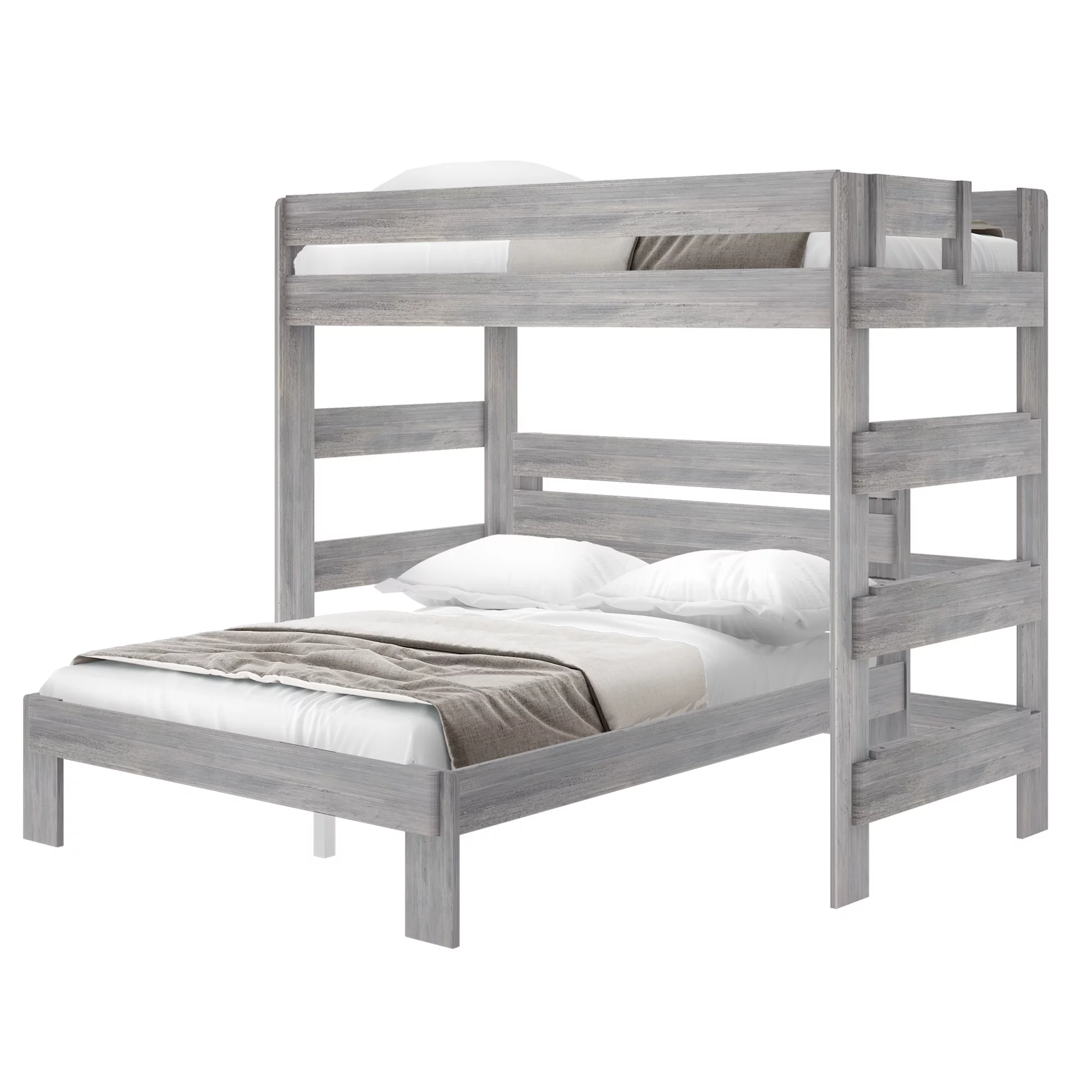 Plank+Beam Solid Wood Twin over Queen L-Shaped Bunk Bed for Adults, Driftwood