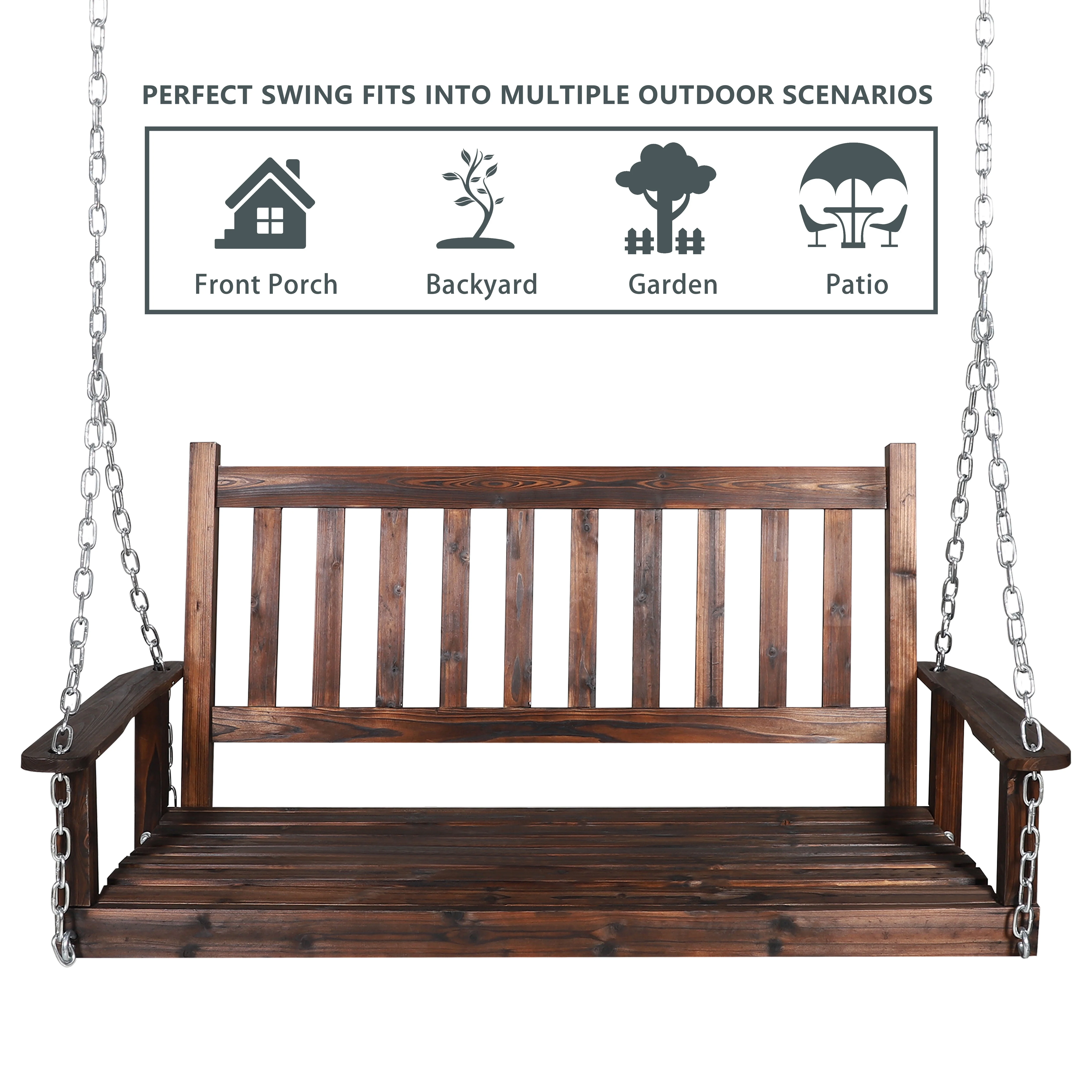 VEIKOUS Outdoor Wooden Porch Swing 4ft w/ Chains 2-person Swing Bench Chair for Patio, Rustic