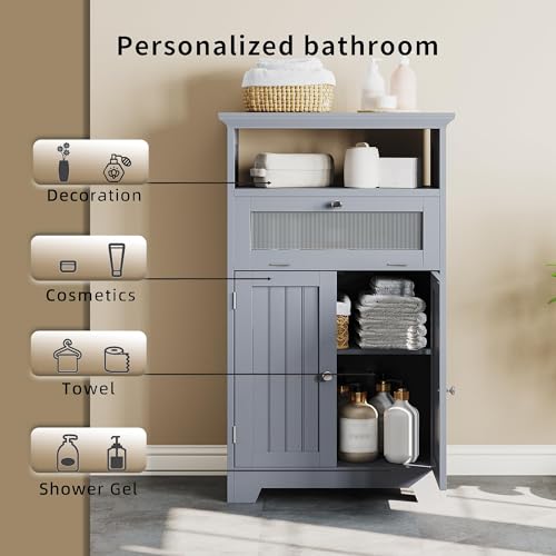 ChooChoo Bathroom Floor Storage Cabinet with Flip Glass Drawer, Freestanding with 2 Doors, Adjustable Shelf & 1 Open Storage for Living Room, Hallway