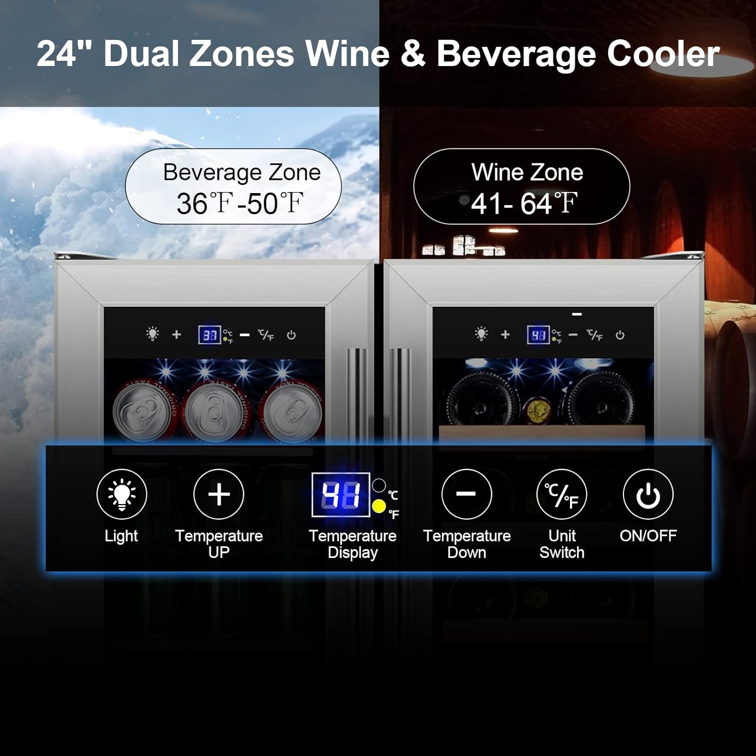 Tylza Wine and Beverage Refrigerator 24 Inch Dual Zone, French Door Wine and Beverage Cooler 24'' Built-In or Freestanding Drink Fridge