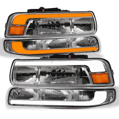 Switchback Sequential LED Strip Tube Bar Chrome Housing Crystal Headlights With Signal Bumper Lamps Amber Reflector 4-Pieces nb Compatible With 99-02