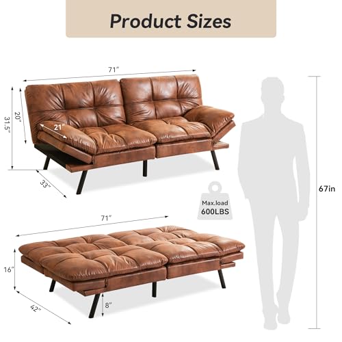 71" Convertible Futon Sofa,Faux Leather Futon Couch Bed,Sleeper Sofa Bed,Memory Foam Modern Folding Small Loveseat for Living Room,Office,Apartment