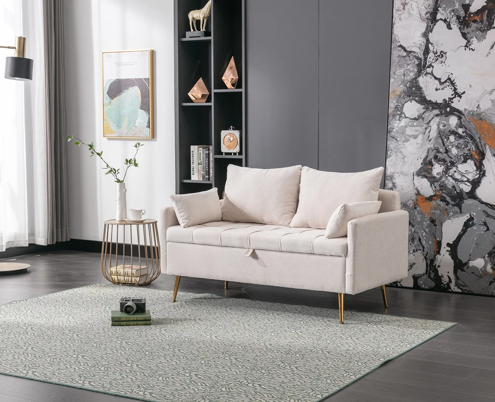 Guyou Modern Chenille Loveseat Sofa, 53" Sofa Couch 2 Seat Loveseat with Storage Space and Pillows