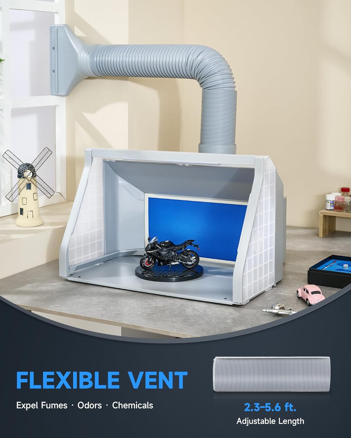 Airbrush Spray Booth With Dual Fans, Portable Paint Spray Booth For Airbrushing With Stepless Speed Switch, 3 LED Lights And Exhaust Hose