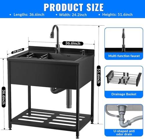 Stainless Steel Utility Sink, 30.8" × 22" × 39.5"Freestanding Sink with Cold and Hot Water Faucet,Hoses and Drain Kit for Kitchens, Bathrooms, Garage