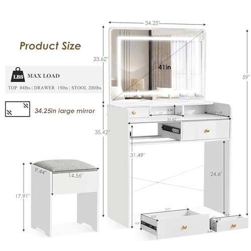 Vanity Desk with Mirror and Lights, Makeup Vanity Table with Drawers, Storage Stool