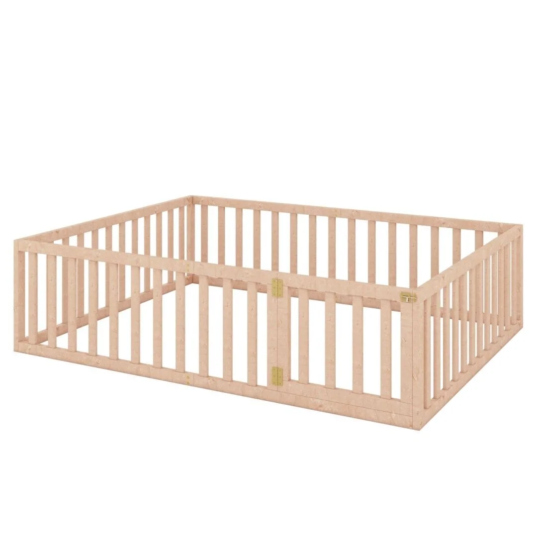 Natural Queen Size Wood Floor Bed Frame with Fence and Door