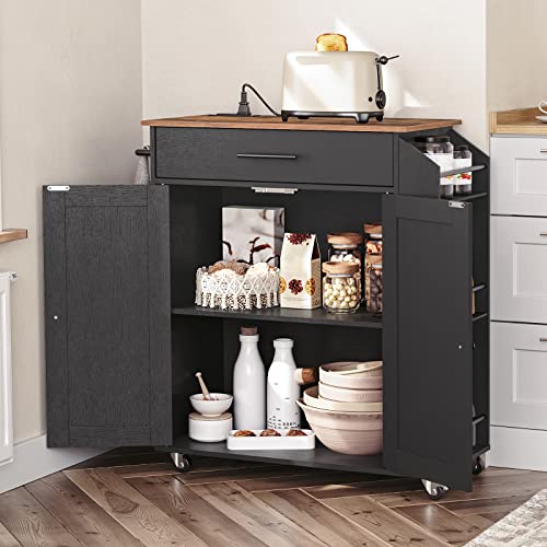 HOOBRO Kitchen Island with Power Outlet, Kitchen Storage Island with Spice Rack and Drawer, Rolling Kitchen on Wheels, for Home, Dining Room