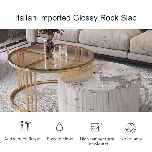 28IN Modern Coffee Tables - Wave Panel & Metal Frame | Nesting Round Coffee Table Set of 2, Dining Table for Home Living Room, Office (Glass)