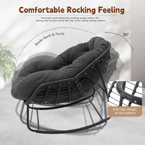 Outdoor Indoor Rocking Chair, Patio Wicker Egg Chair, Indoor & Outdoor Comfy Oversized Papasan Chair with Padded Cushion