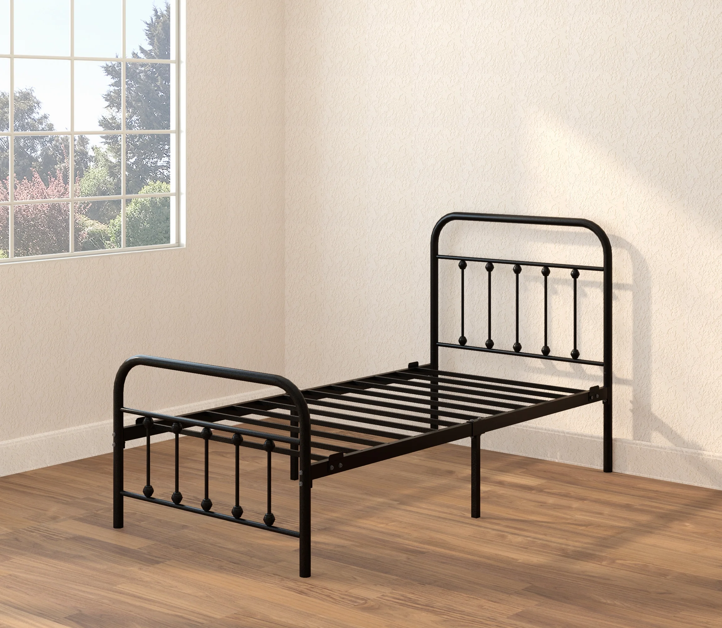 CastleBeds Vintage Twin Metal Bed Frame with Headboard and Footboard – Platform | Wrought Iron | Heavy Duty | Solid Sturdy Metal Slat | Black | No