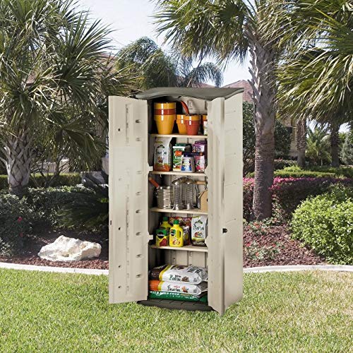 Rubbermaid Compact Vertical Resin Storage Shed With Floor (2 x 2.5 Ft), Weather Resistant, Beige/Brown