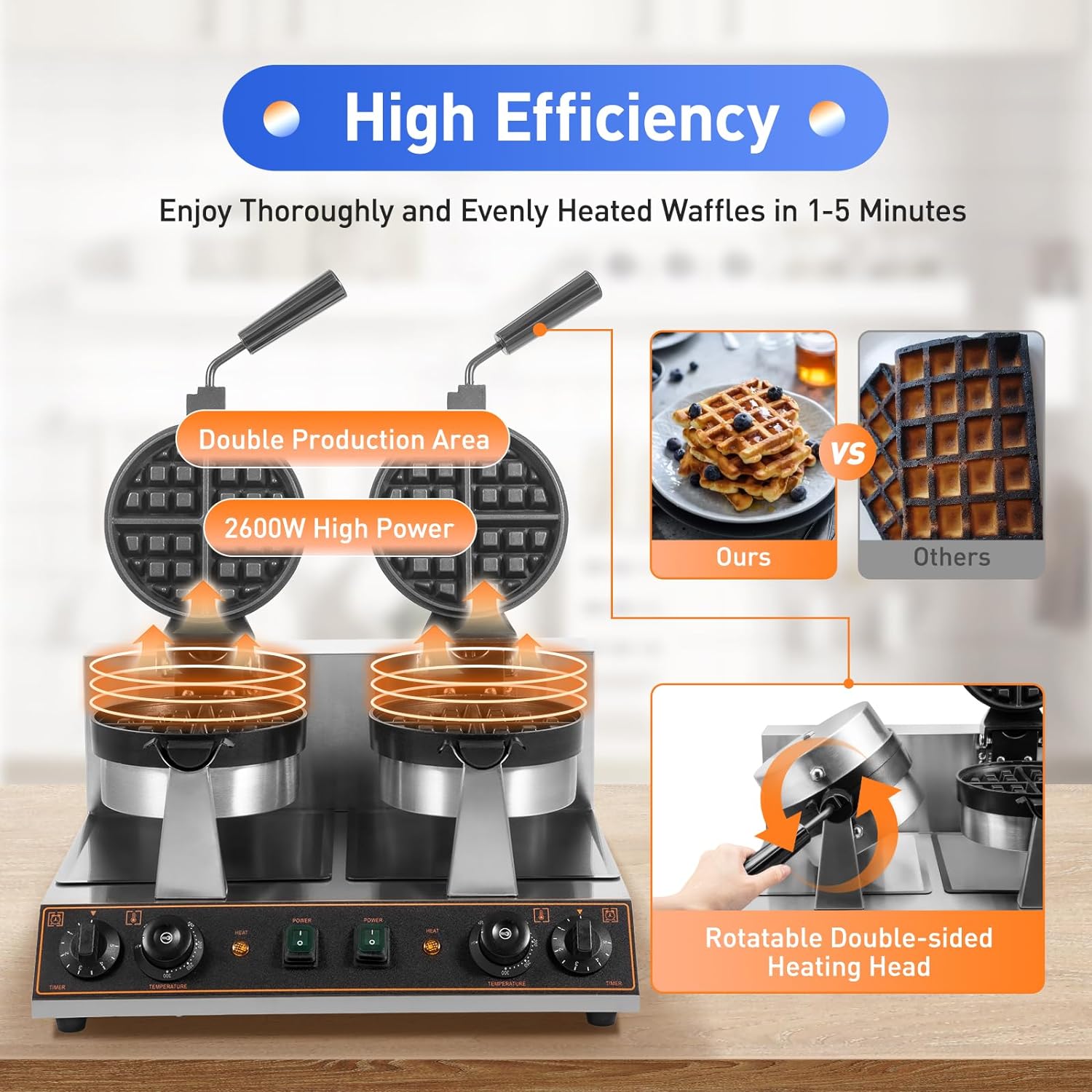 Belgian Waffle Maker 2600W Commercial Waffle Maker Double Waffle Maker 360° Rotating Large Stainless Steel Waffle Maker Non-stick Electric Chaffle