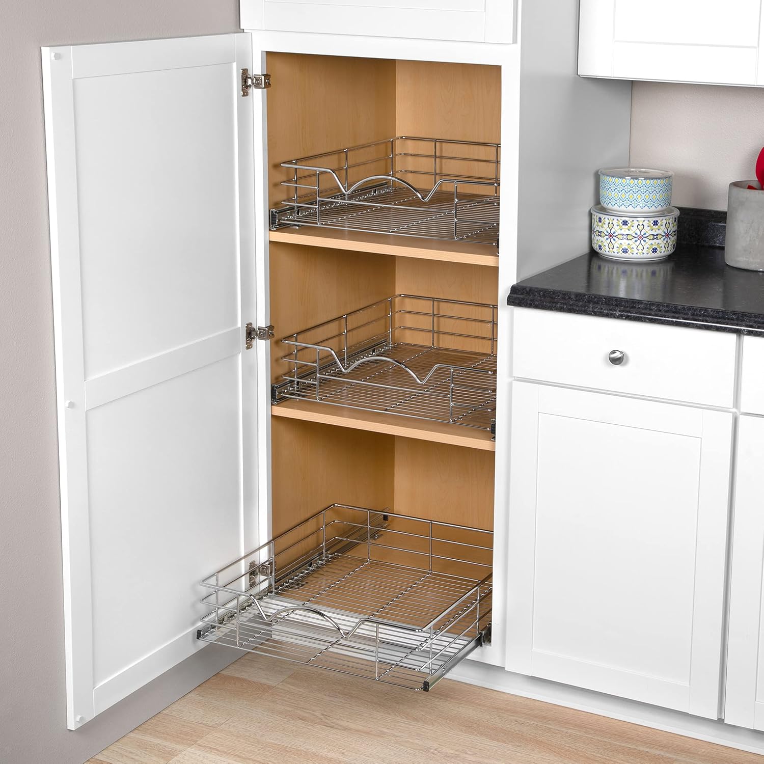 Heavy Duty Pantry Pull Out Cabinet Organizer Basket 5” High –5 Year Limited Warranty- Slide Out Drawer Shelf for Pots, Pans, Cans, jars, Canisters