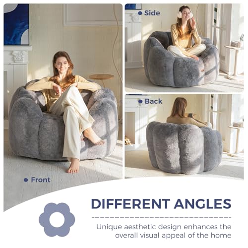 MAXYOYO Bean Bag Chair for Adults, Floral Shaped Bean Bag Sofa, Ultra Soft Faux Fur Floor Sofa, Large Reading Chair for Living Room Bedroom, Beige