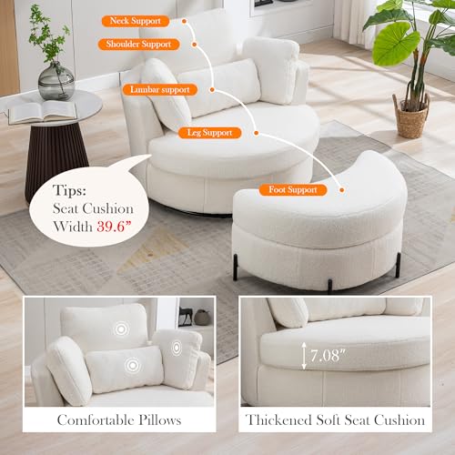 Aoiy & Wifon 42.2" W Oversized Swivel Barrel Chair with Ottoman, Upholstered Round Accent Chair with Storage Ottoman, Chenille, Beige