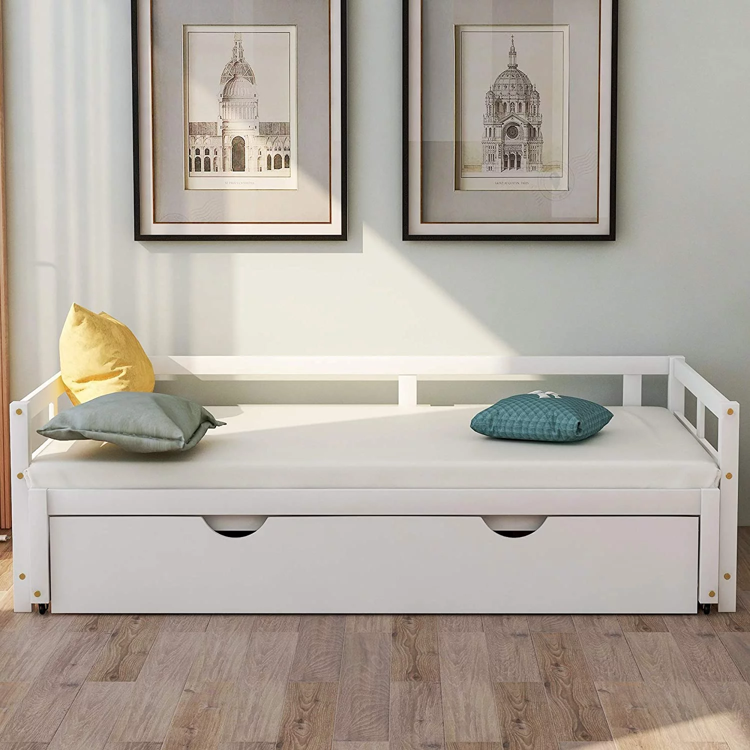 Exedable Daybed Wih rudle Bed, Wood Daybed Frame Wih Pull rudle, o Kig Desig Exedig Daybed For Kids Girls Boys ees Aduls, o Box Sprig Required, Whie