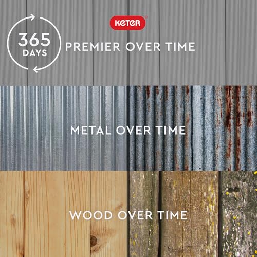 Keter Premier Tall 4.6 x 5.6 ft. Resin Outdoor Storage Shed with Shelving Brackets for Patio Furniture, Pool Accessories, and Bikes, Grey & Black