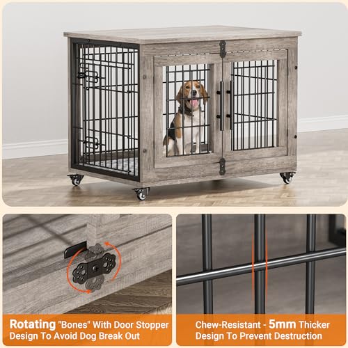 Lulive Dog Crate Furniture for Medium Dogs, 32'' Dog Kennel Indoor with Cushion & Wheels Wooden Dog Cage Double Doors Dog Crate End Table, Grey