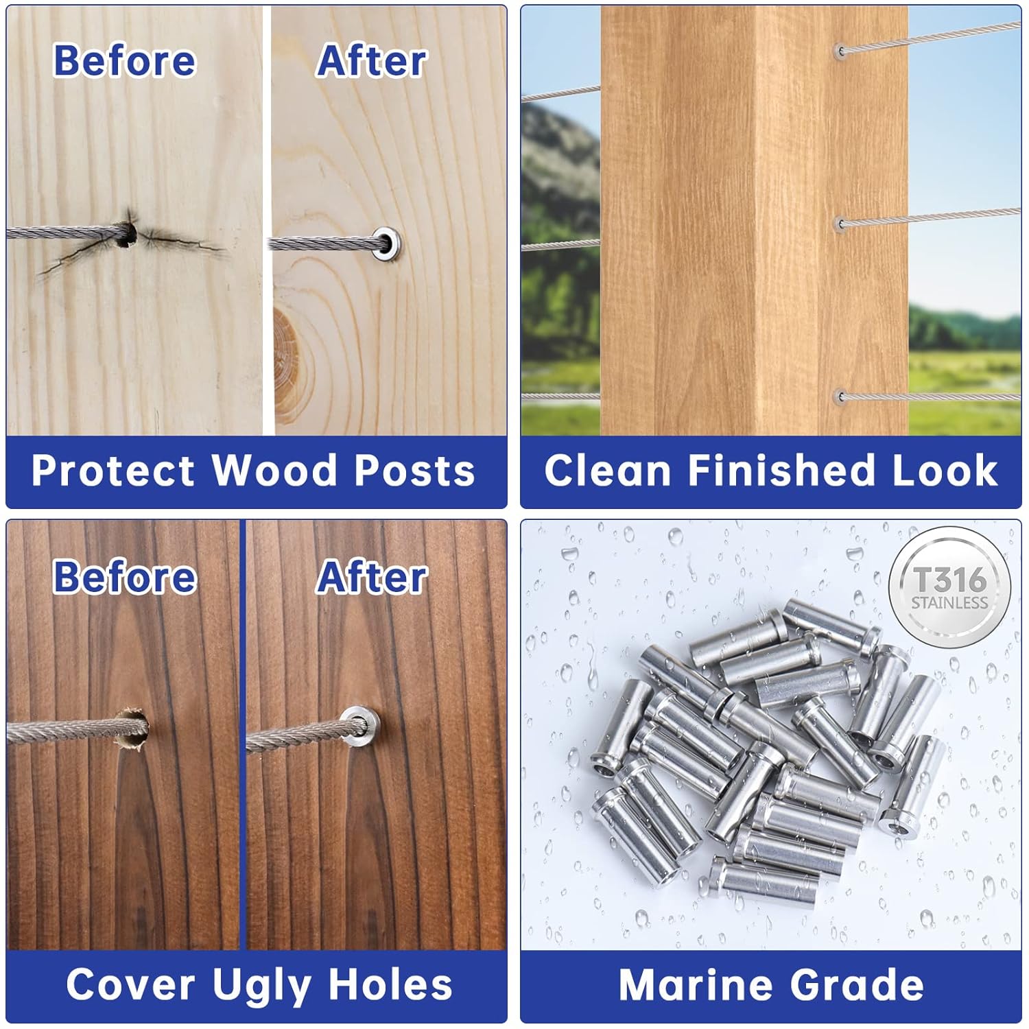 Muzata 120Pack Cable Railing Kit Stainless Steel Protective Sleeves for 1/8" Wire Rope Cable Wood Posts T316 Marine Grade Deck Stair Railing CR13