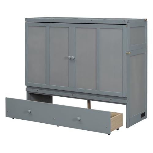 Queen Size Murphy Bed with Drawers and Charging Station Wood Murphy Wall Cabinet Bed with Storage for Saving Space, Espresso
