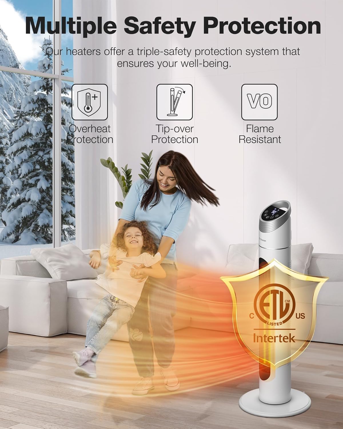 Space Heater for Large Room, 34" Tower Heater with Remote, 1500W Space Heater with 12H Timer, 70° Oscillating, Adjustable Thermostat
