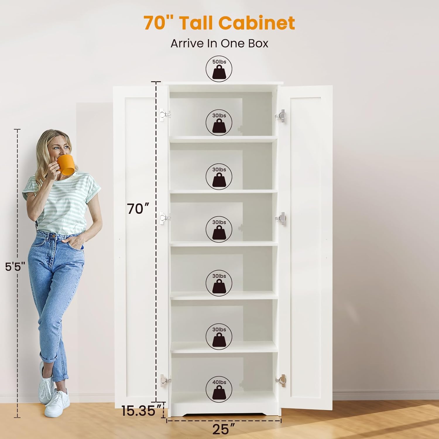 70" Tall Storage Pantry Cabinet, Bathroom Floor Organizer Storage Cabinet with 2 Doors and 6 Adjustable Shelves