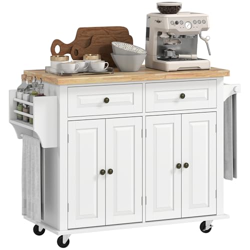 HOMCOM Kitchen Island on Wheels, Rolling Cart with Rubberwood Top, Spice Rack, Towel Rack and Drawers for Dining Room, Navy Blue