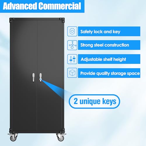 Metal Storage Cabinet with Wheels, 73" H Rolling Garage Cabinets with Locking Doors and Adjustable Shelves for Home Office, Basement, Pantry, Workshop