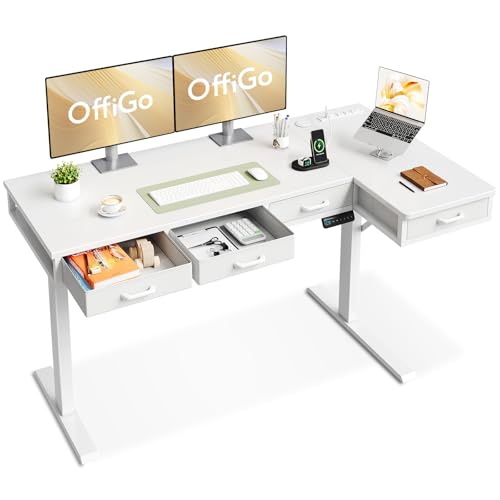 OffiGo 63 Inch L Shaped Electric Standing Desk with Drawers, Height Adjustable Large Desk with Power Outlets, Sit Stand Table