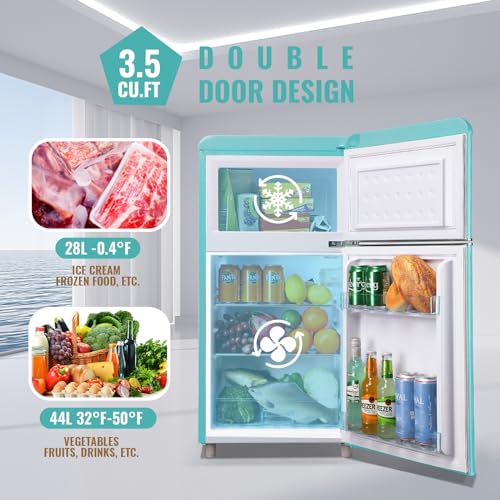 WANAI Compact Mini Refrigerator 3.2 Cu.Ft Small Refrigerator with Freezer, Retro Mini Fridge with Dual Door,7 Adjustable Thermostat