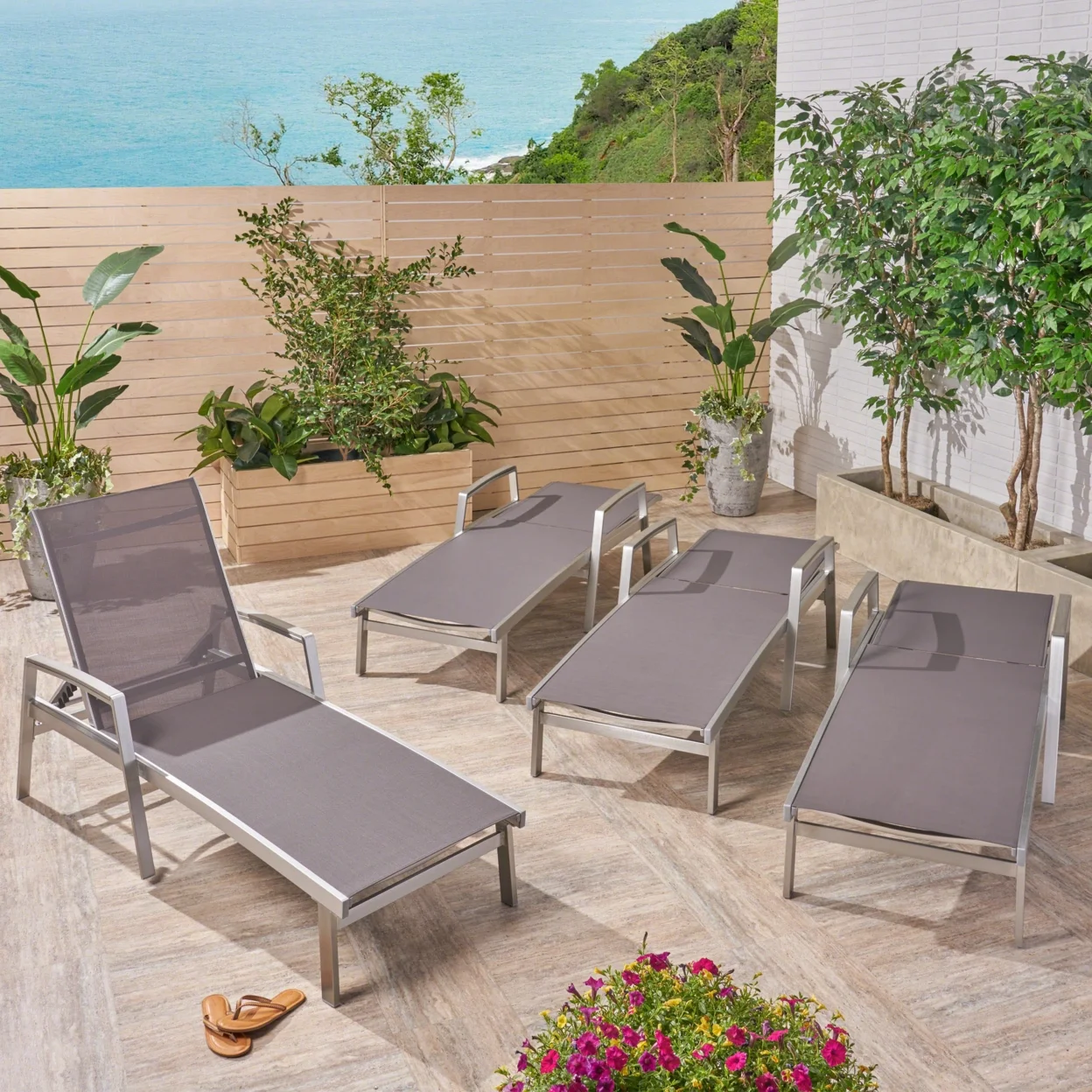 GDF Studio Joy Outdoor Aluminum Adjustable Chaise Lounges, Set of 2, Gray Mesh and Silver