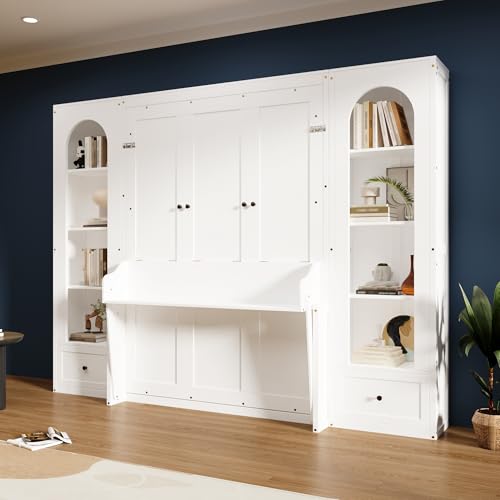 Merax Queen Size Murphy Bed, Wooden Queen Murphy Bed Wall Bed with Sofa and Cushion, for Home Office or Small Room, White
