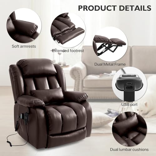 EDILLY Large Genuine Leather Power Lift Recliner Chairs for Elderly, Dual Motor with Massage and Heating,Double Lumbar Cushion and Extended Footrest