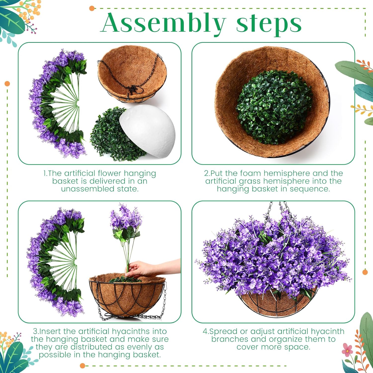 2 Pack Artificial Hanging Flowers in Basket for Spring Summer Porch Home Garden Yard Decoration Faux Hyacinth Arrangement Fake Plants in 12 Inch